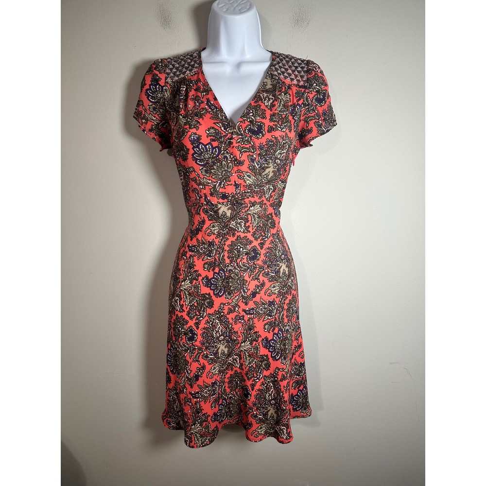 Pepe Jeans London Tottenham Paisley Floral V-Neck Fit & Flare Dress Coral Pink M